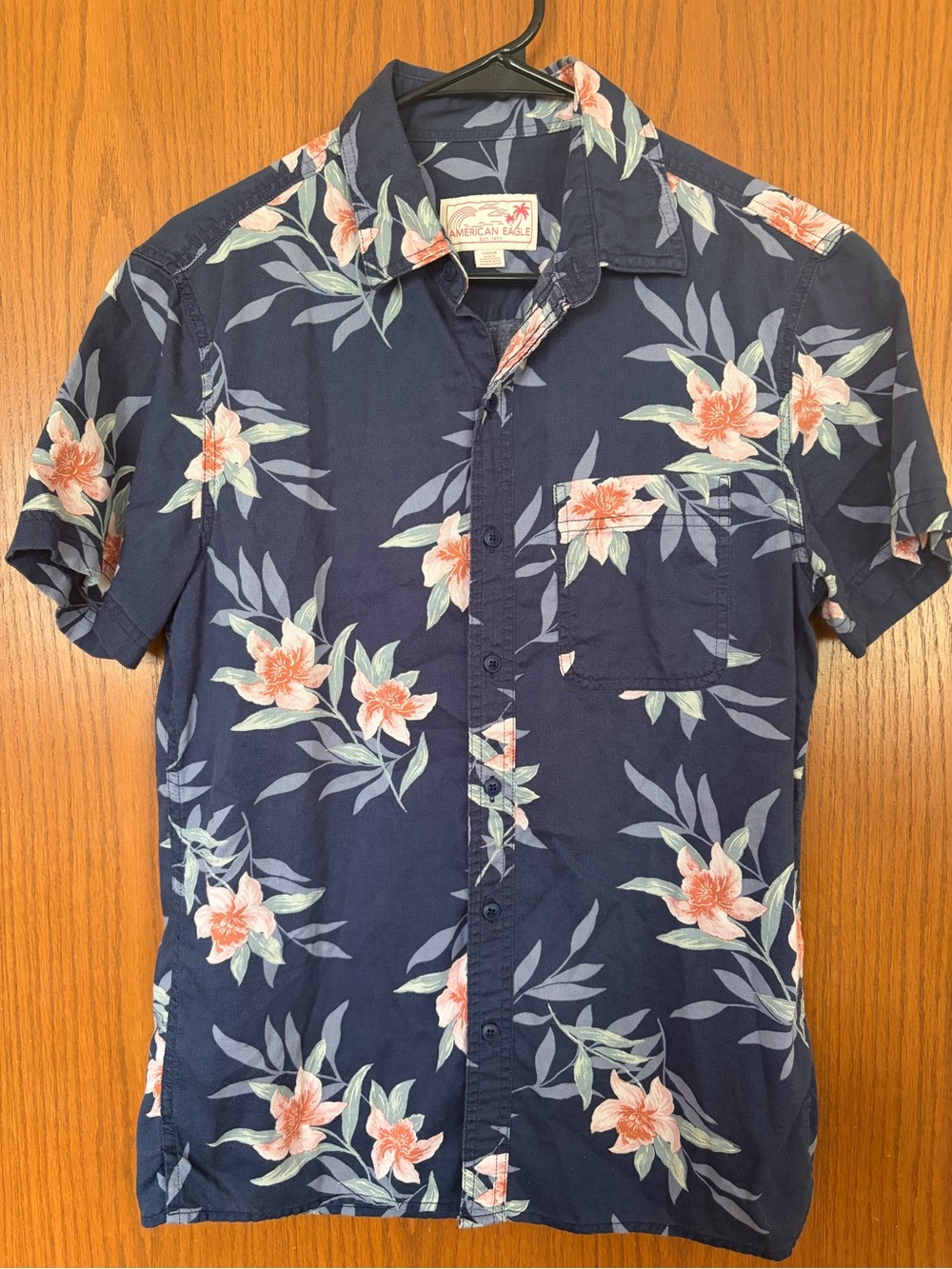 American Eagle Outfitters Navy Floral Short-Sleeve Button-Up Shirt